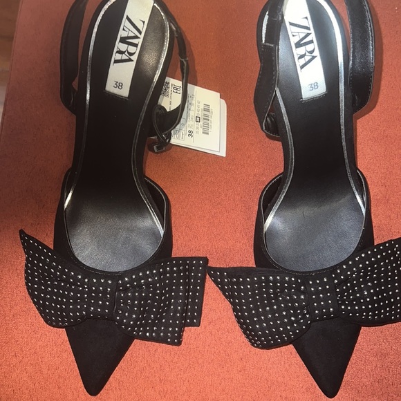 Zara Black Slingback Heels with Studded Bow - Size 38 -NWT - Picture 4 of 9